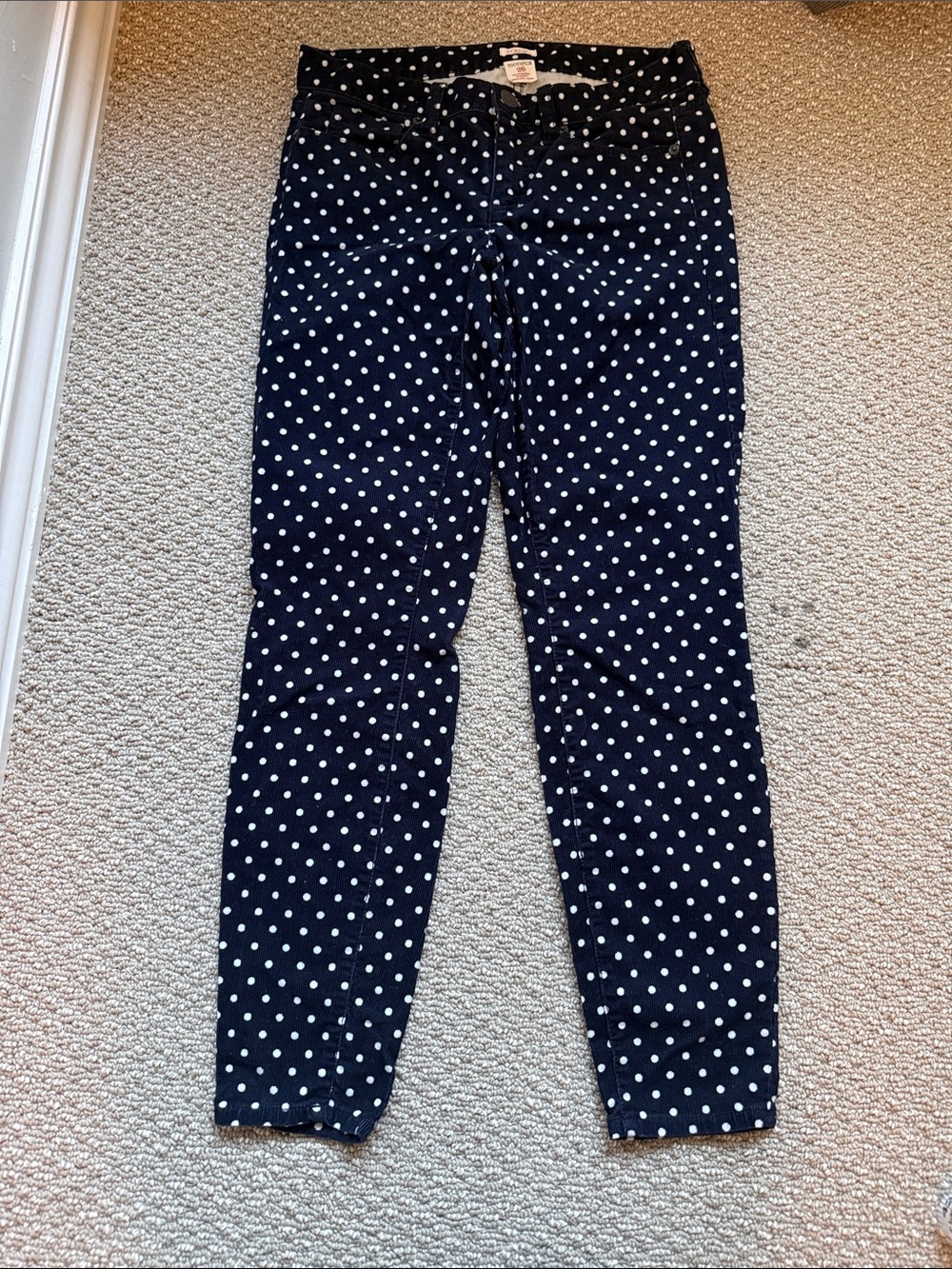J.Crew Toothpick Corduroy Pants Size 26 Navy Blue Polka Dot 99% Cotton Like New